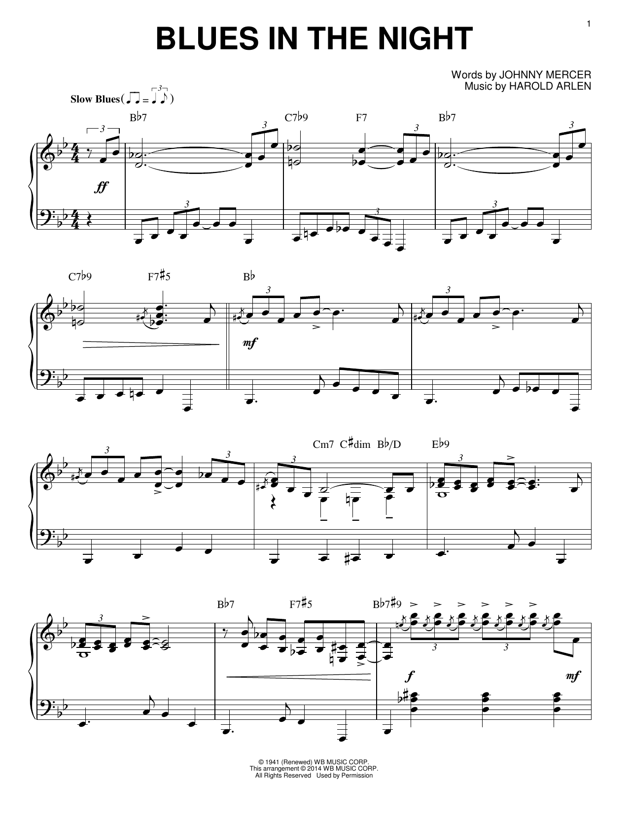 Johnny Mercer Blues In The Night [Jazz version] (arr. Brent Edstrom) sheet music notes and chords arranged for Piano Solo