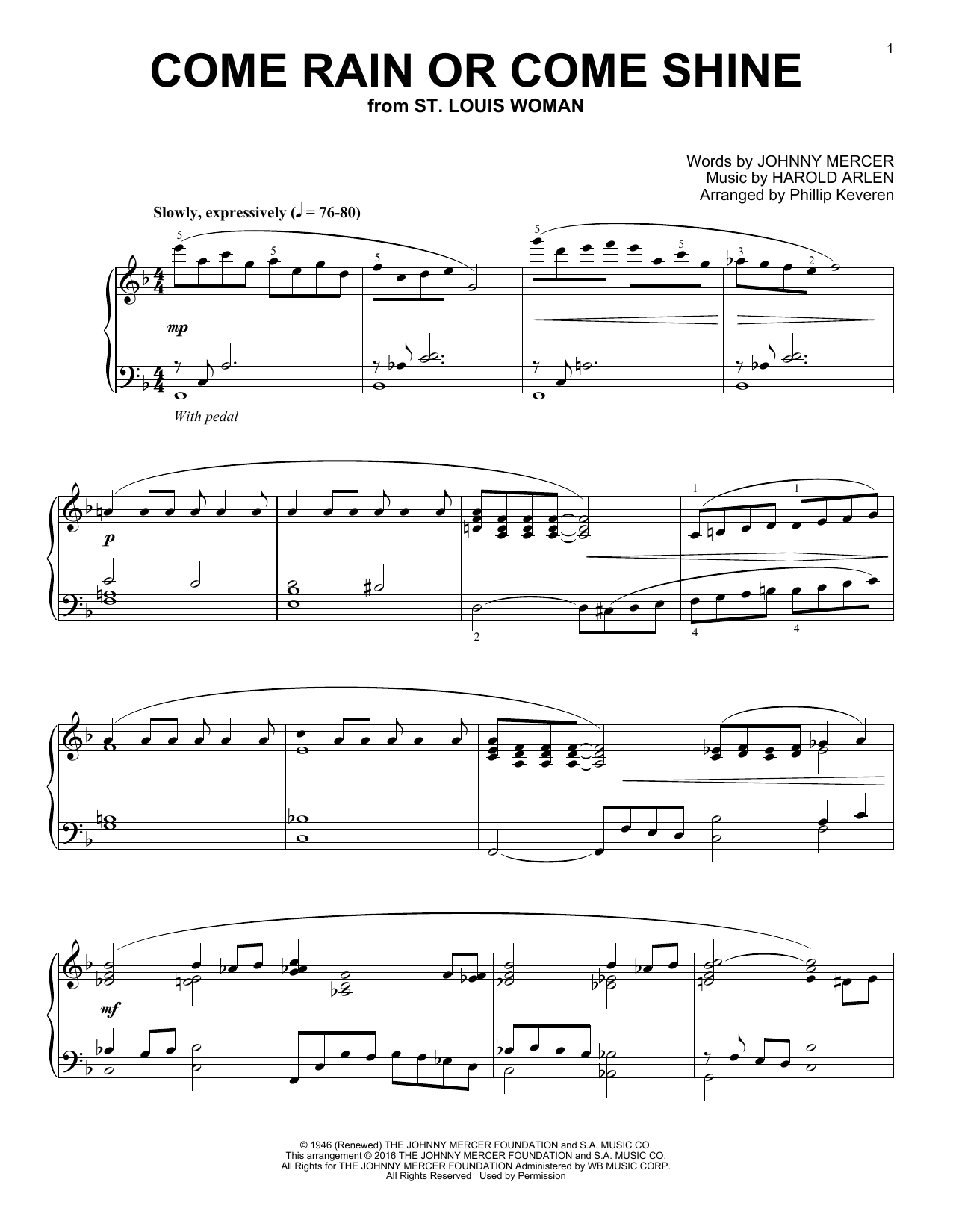 Johnny Mercer Come Rain Or Come Shine (arr. Phillip Keveren) sheet music notes and chords arranged for Piano Solo