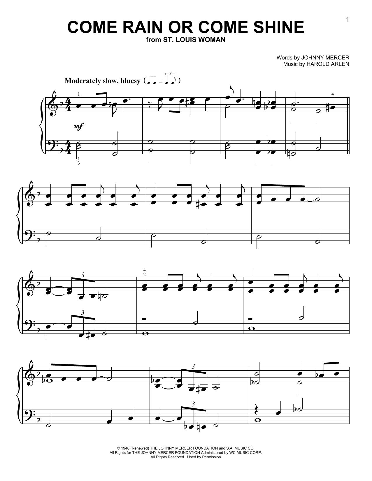 Johnny Mercer Come Rain Or Come Shine sheet music notes and chords arranged for Super Easy Piano