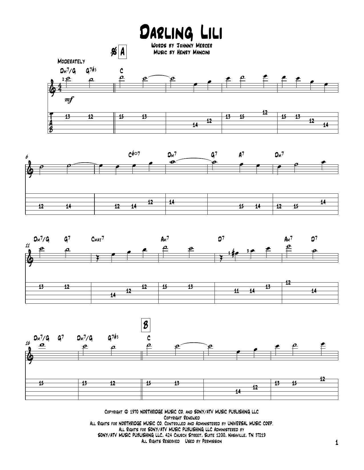 Johnny Mercer Darling Lili sheet music notes and chords arranged for Solo Guitar