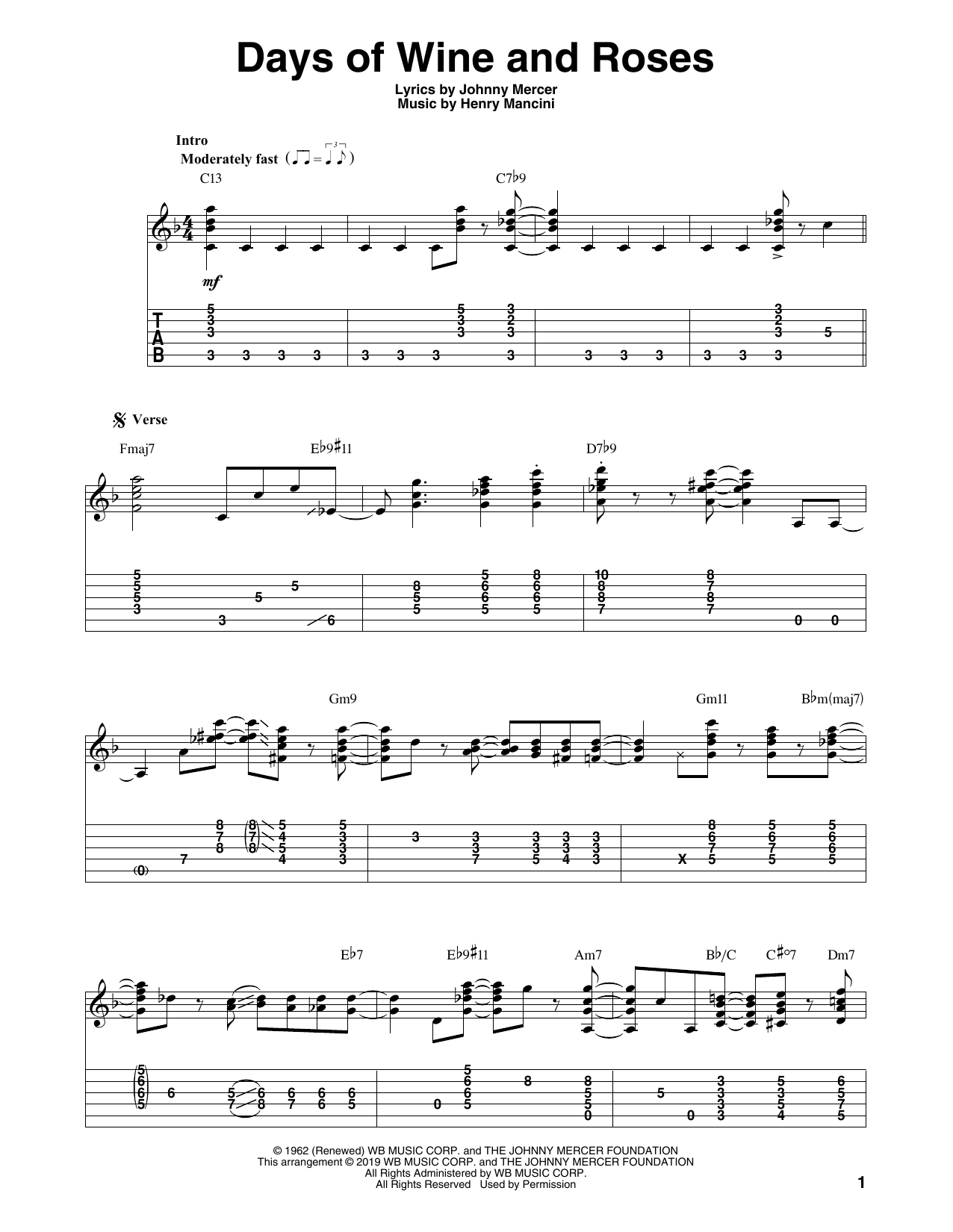 Johnny Mercer Days Of Wine And Roses (arr. Bill LaFleur) sheet music notes and chords arranged for Solo Guitar