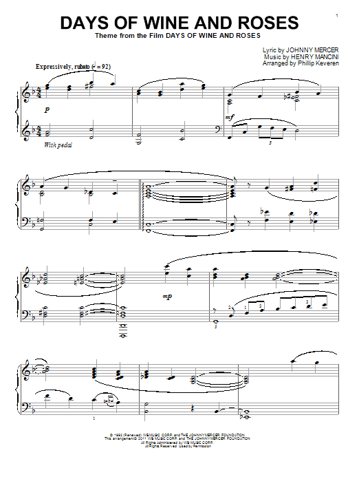 Johnny Mercer Days Of Wine And Roses (arr. Phillip Keveren) sheet music notes and chords arranged for Piano Solo