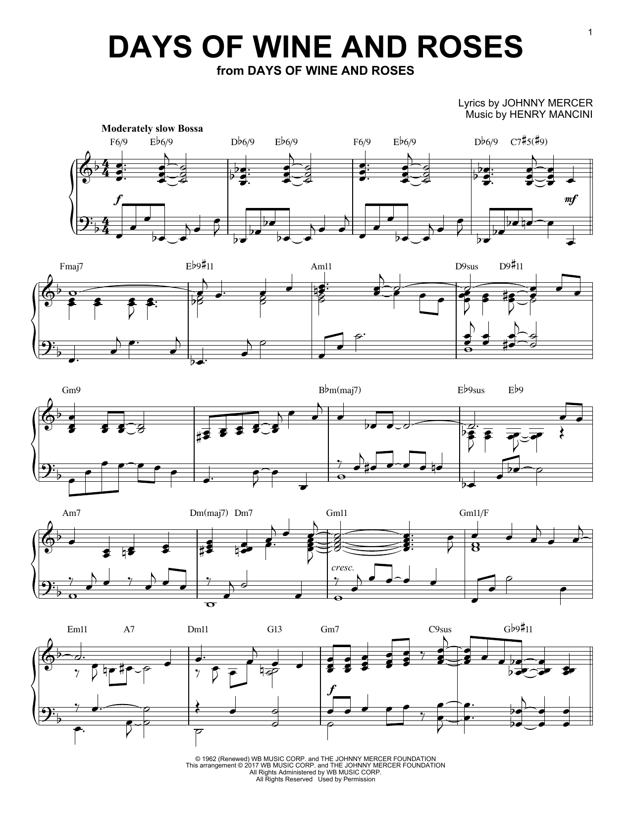 Johnny Mercer Days Of Wine And Roses [Jazz version] sheet music notes and chords arranged for Piano Solo