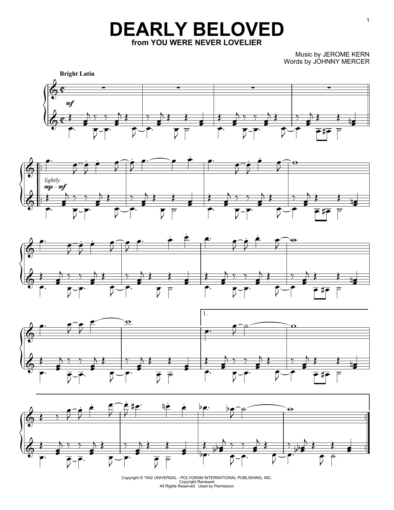 Johnny Mercer Dearly Beloved (arr. Dan Rodowicz) sheet music notes and chords arranged for Piano Solo