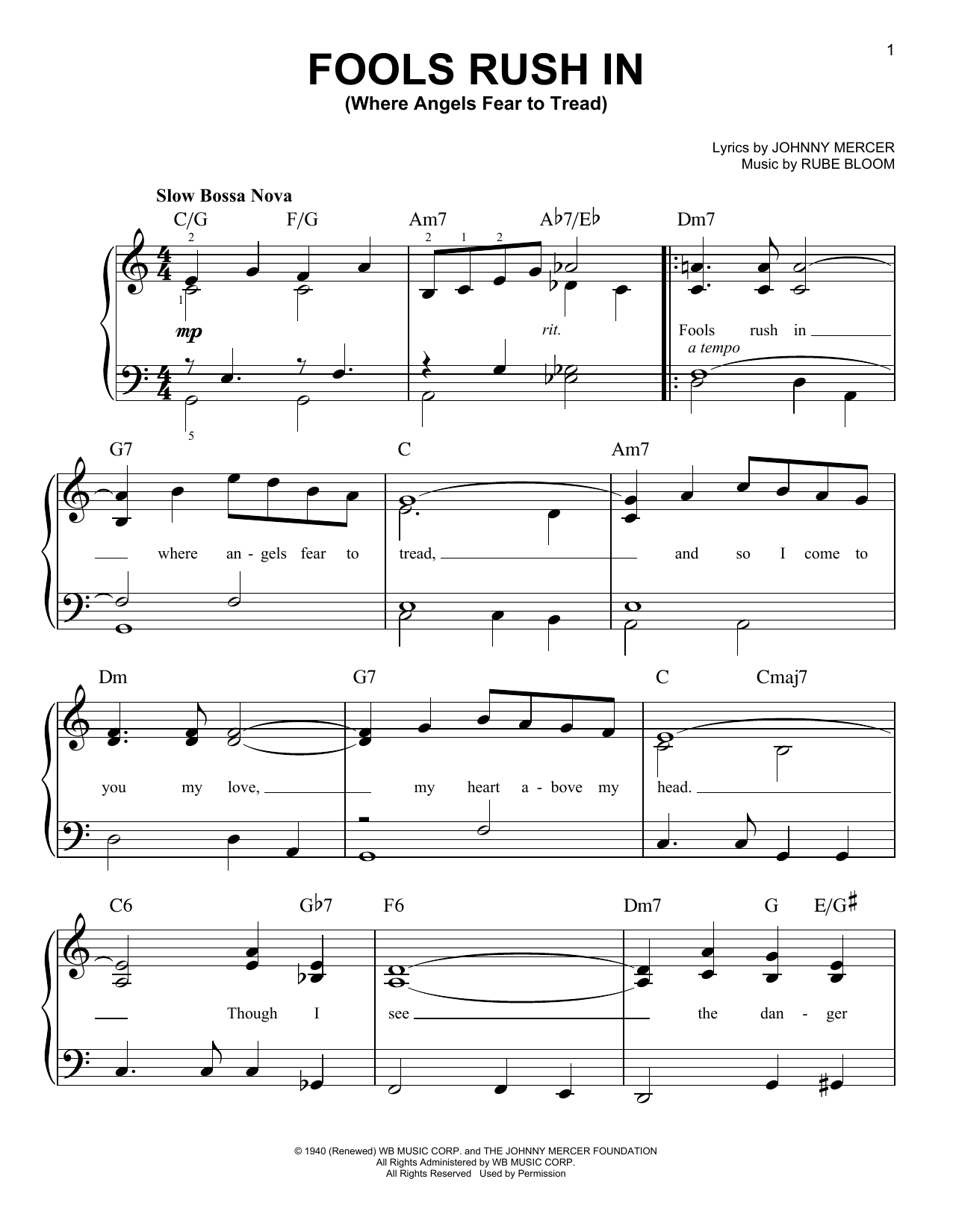 Johnny Mercer Fools Rush In (Where Angels Fear To Tread) sheet music notes and chords arranged for Easy Piano