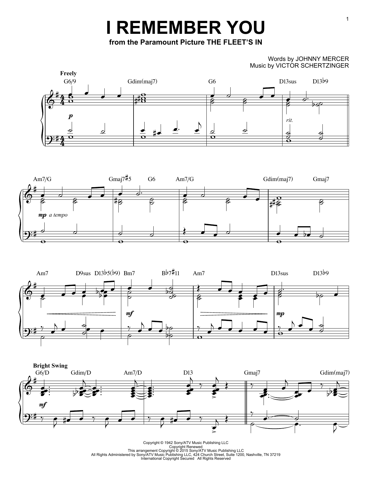 Johnny Mercer I Remember You [Jazz version] (arr. Brent Edstrom) sheet music notes and chords arranged for Piano Solo