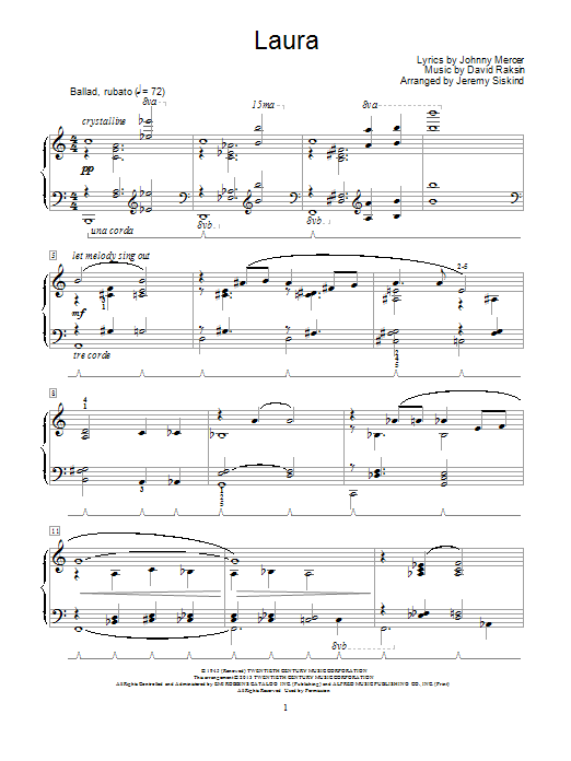 Johnny Mercer Laura sheet music notes and chords arranged for Easy Ukulele Tab