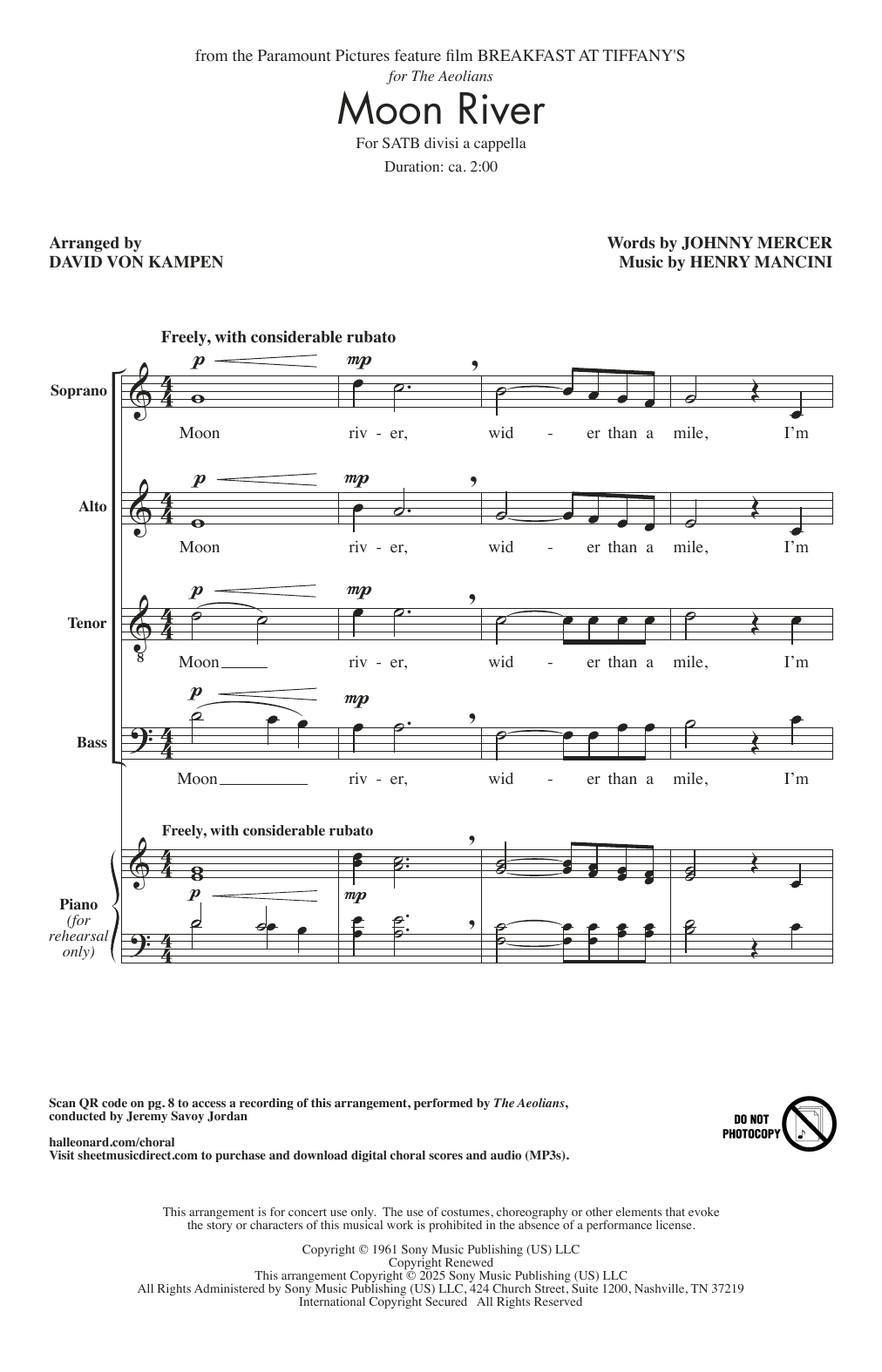 Johnny Mercer Moon River (from Breakfast At Tiffany's) (arr. David von Kampen) sheet music notes and chords arranged for SATB Choir