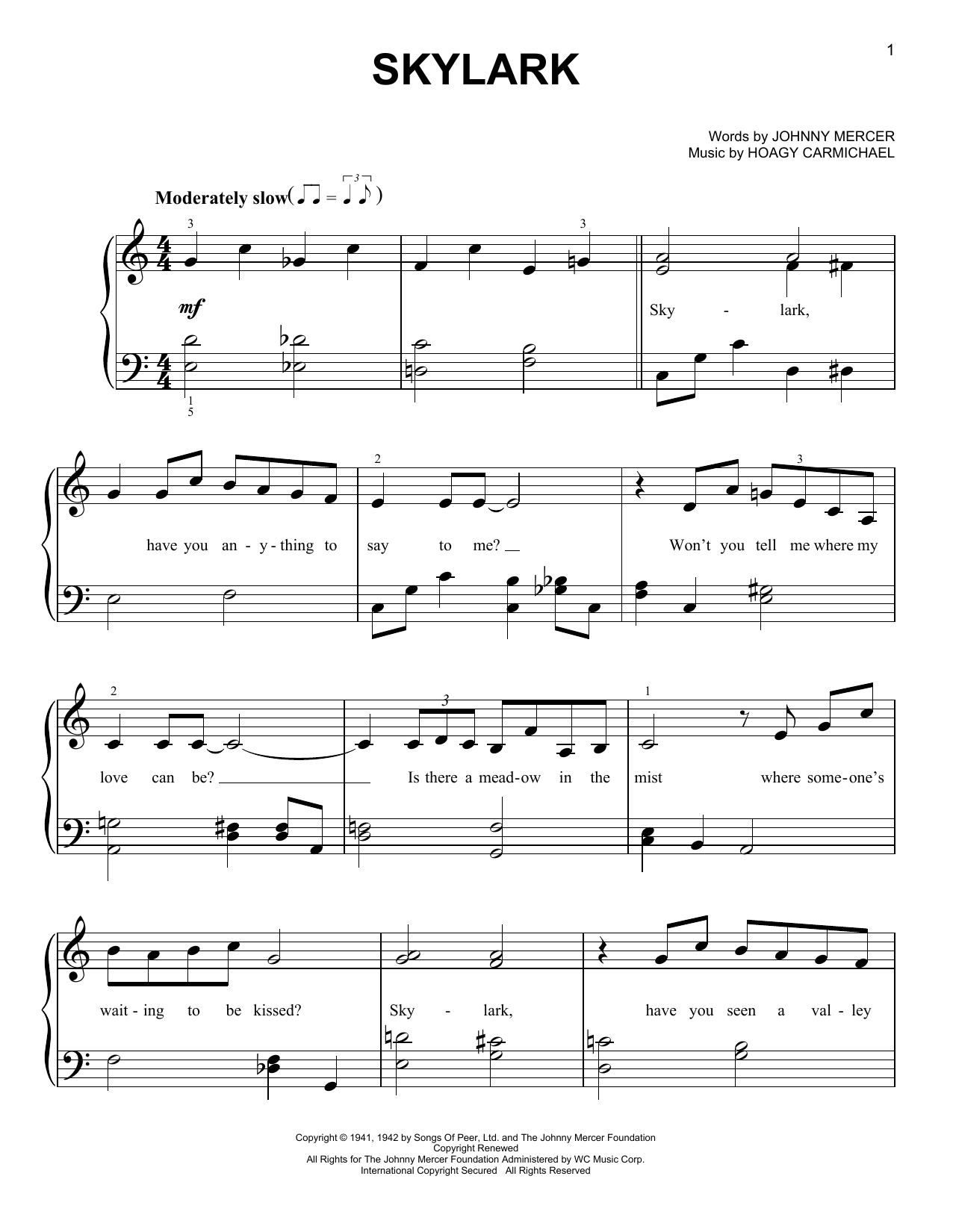 Johnny Mercer Skylark sheet music notes and chords arranged for Very Easy Piano