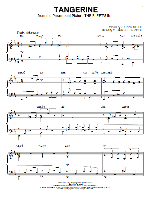 Johnny Mercer Tangerine [Jazz version] (arr. Brent Edstrom) sheet music notes and chords arranged for Piano Solo