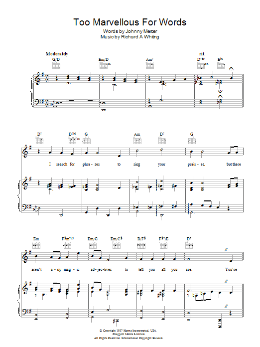 Johnny Mercer Too Marvellous For Words sheet music notes and chords arranged for Piano, Vocal & Guitar Chords