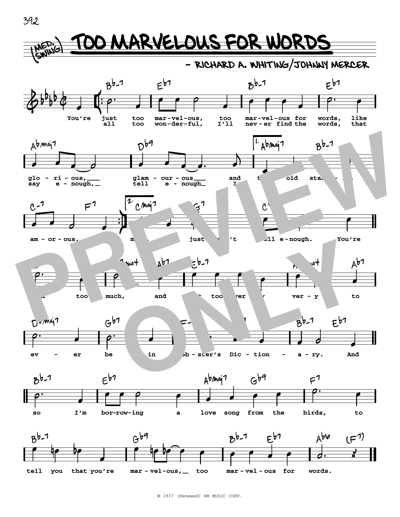 Johnny Mercer Too Marvelous For Words (High Voice) sheet music notes and chords arranged for Real Book – Melody, Lyrics & Chords