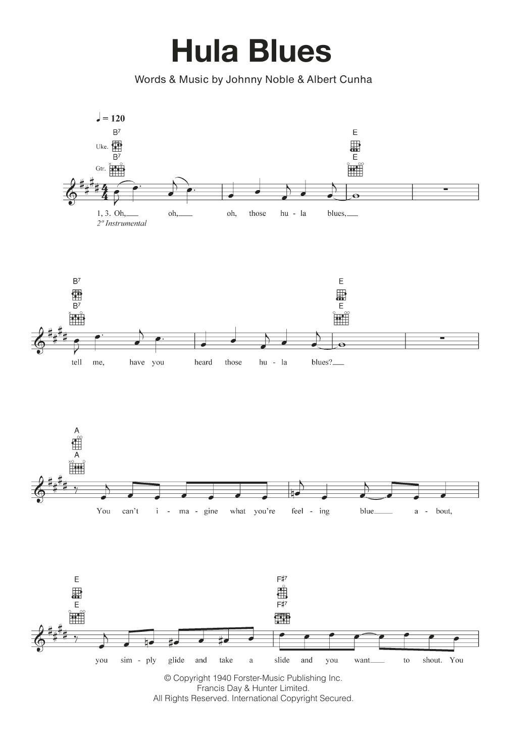 Johnny Noble Hula Blues sheet music notes and chords arranged for Ukulele
