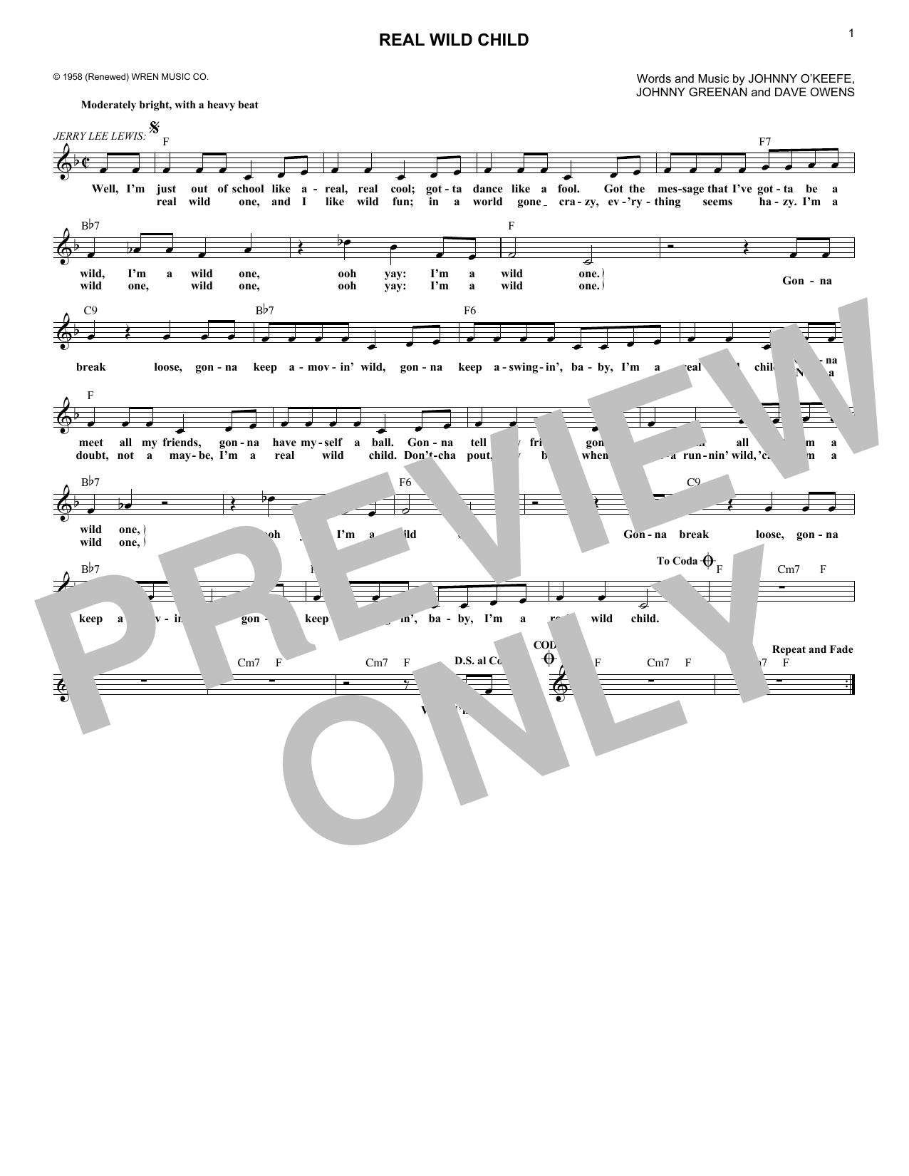 Johnny O'Keefe Real Wild Child sheet music notes and chords arranged for Lead Sheet / Fake Book