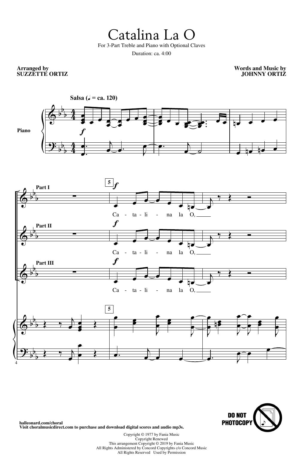 Johnny Ortiz Catalina La O (arr. Suzzette Ortiz) sheet music notes and chords arranged for 3-Part Treble Choir