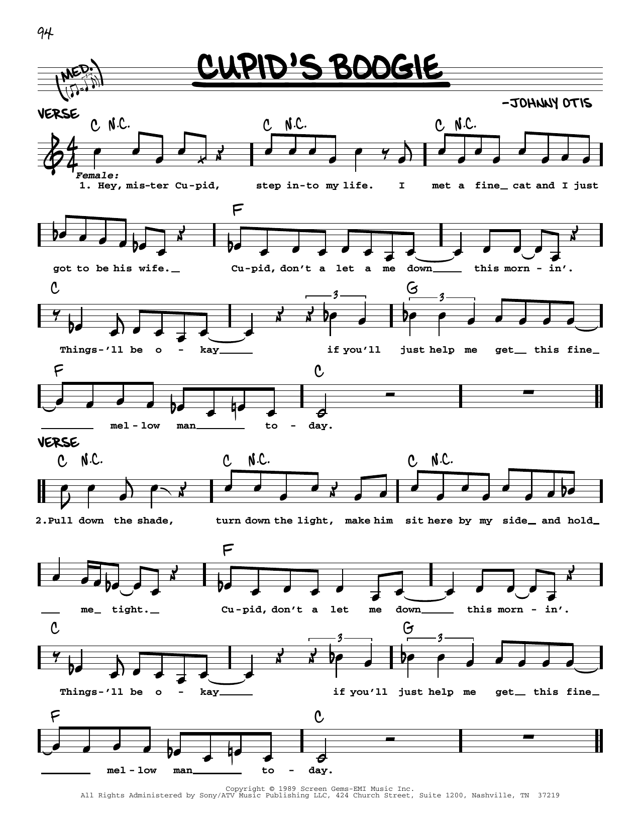 Johnny Otis Cupid's Boogie sheet music notes and chords arranged for Real Book – Melody & Chords
