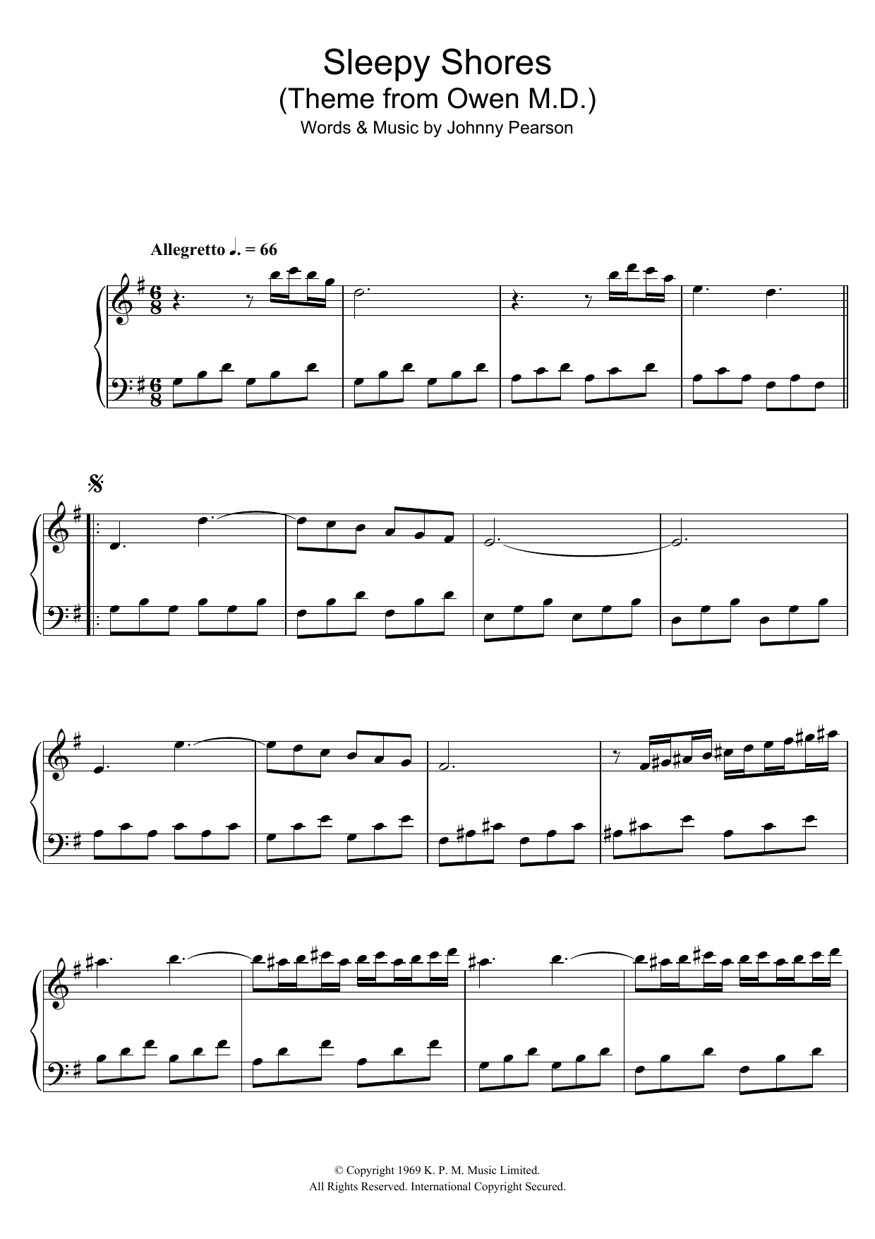 Johnny Pearson Sleepy Shores (theme from Owen M.D.) sheet music notes and chords arranged for Piano Solo