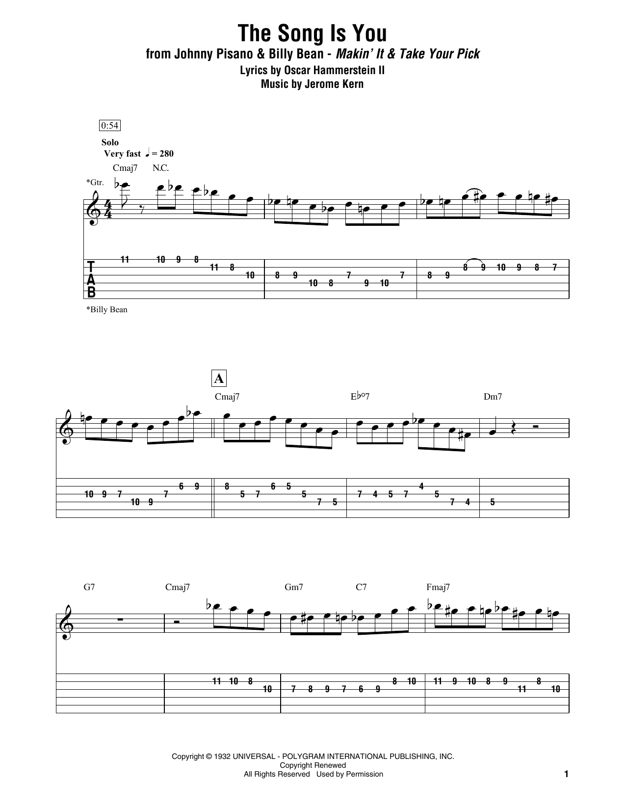 Johnny Pisano & Billy Bean The Song Is You sheet music notes and chords arranged for Electric Guitar Transcription
