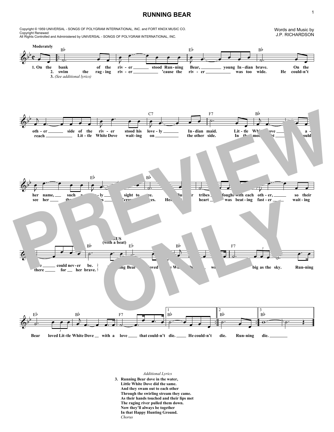 Johnny Preston Running Bear sheet music notes and chords arranged for Lead Sheet / Fake Book