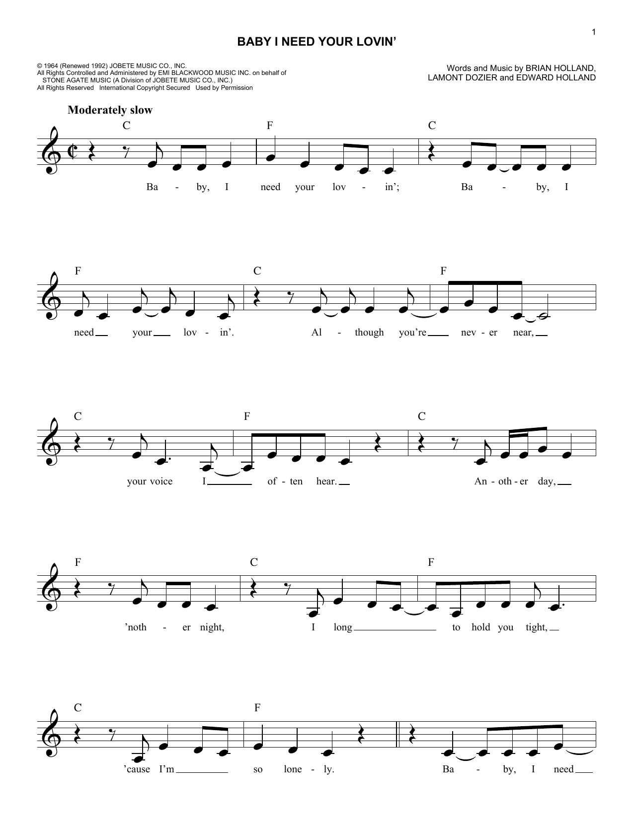 Johnny Rivers Baby I Need Your Lovin' sheet music notes and chords arranged for Easy Lead Sheet / Fake Book