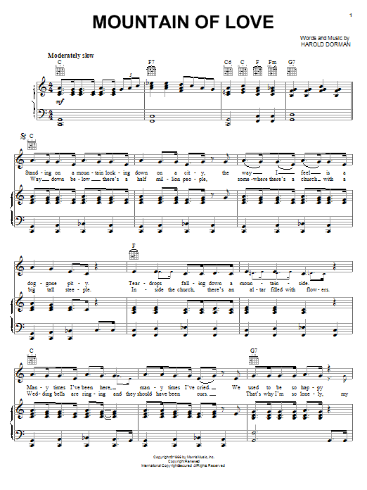 Johnny Rivers Mountain Of Love sheet music notes and chords arranged for Piano, Vocal & Guitar Chords (Right-Hand Melody)