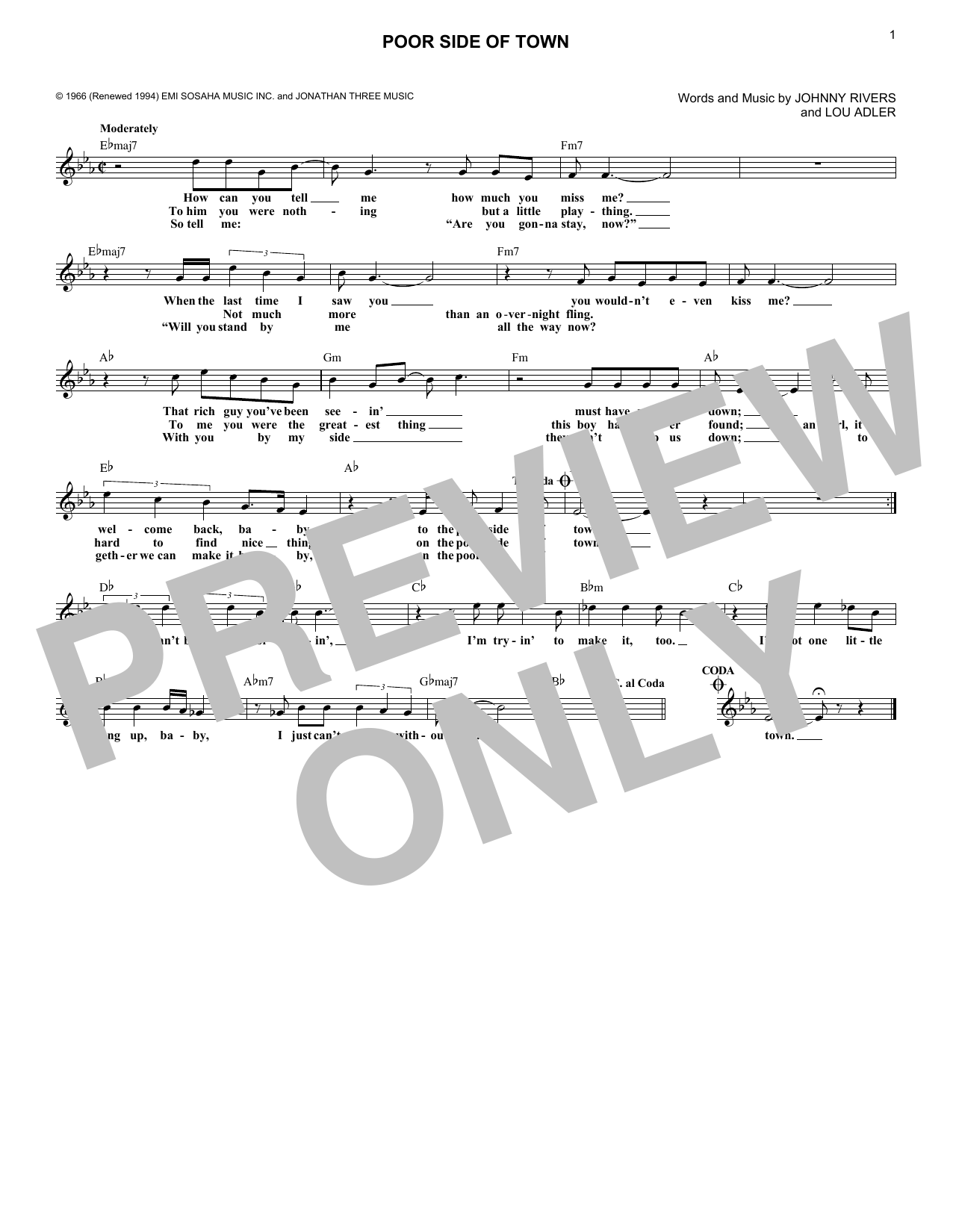 Johnny Rivers Poor Side Of Town sheet music notes and chords arranged for Lead Sheet / Fake Book