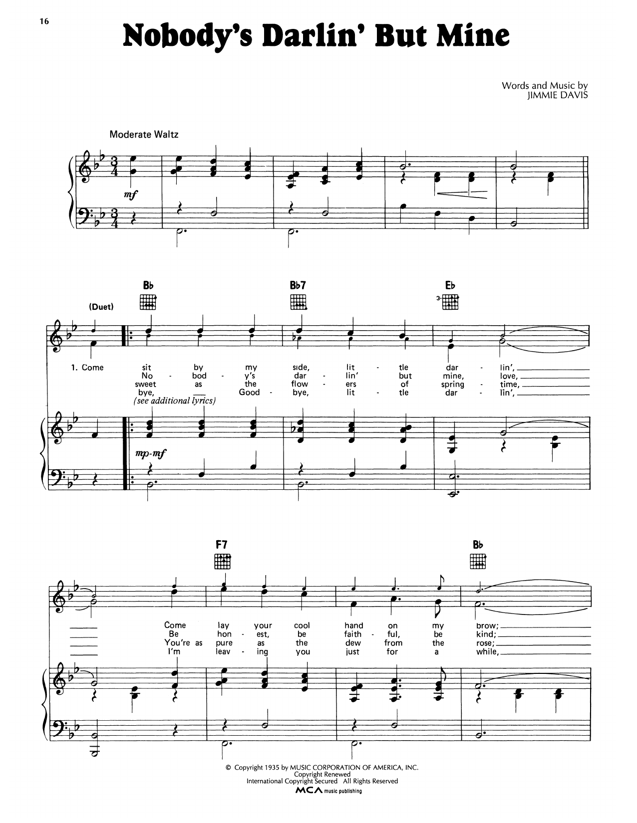 Johnny Sea Nobody's Darlin' But Mine sheet music notes and chords arranged for Piano, Vocal & Guitar Chords (Right-Hand Melody)