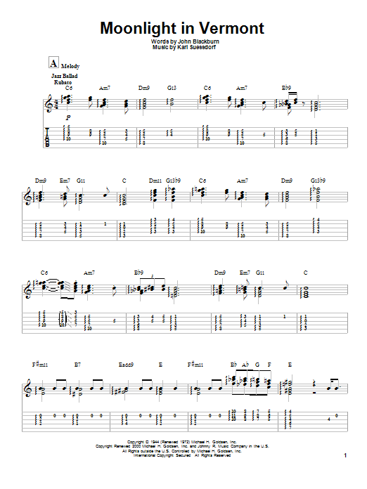 Johnny Smith Moonlight In Vermont sheet music notes and chords arranged for Guitar Tab (Single Guitar)