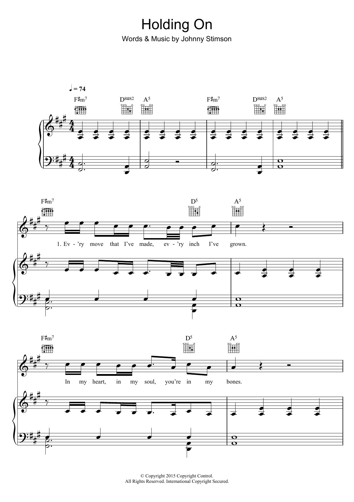 Johnny Stimson Holding On sheet music notes and chords arranged for Piano, Vocal & Guitar Chords