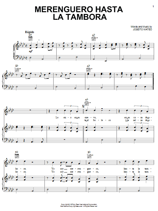Johnny Ventura Merenguero Hasta La Tambora sheet music notes and chords arranged for Piano, Vocal & Guitar Chords (Right-Hand Melody)