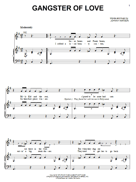 Johnny Watson Gangster Of Love sheet music notes and chords arranged for Piano, Vocal & Guitar Chords (Right-Hand Melody)