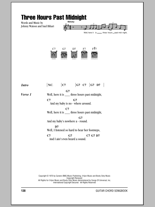 Johnny Watson Three Hours Past Midnight sheet music notes and chords arranged for Piano, Vocal & Guitar Chords (Right-Hand Melody)