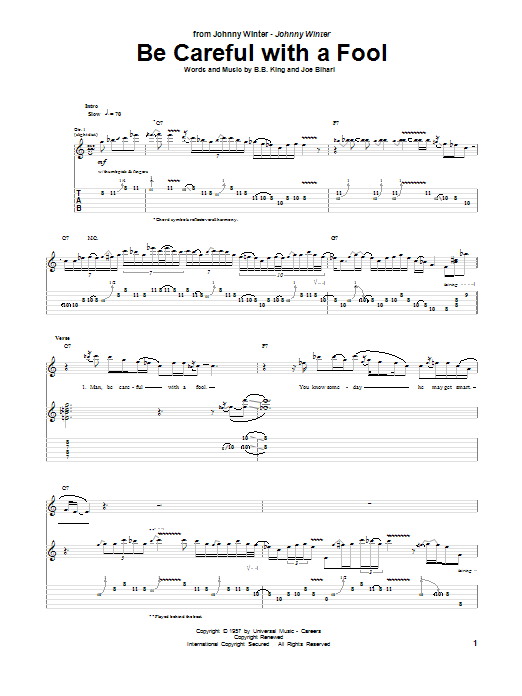 Johnny Winter Be Careful With A Fool sheet music notes and chords arranged for Guitar Tab