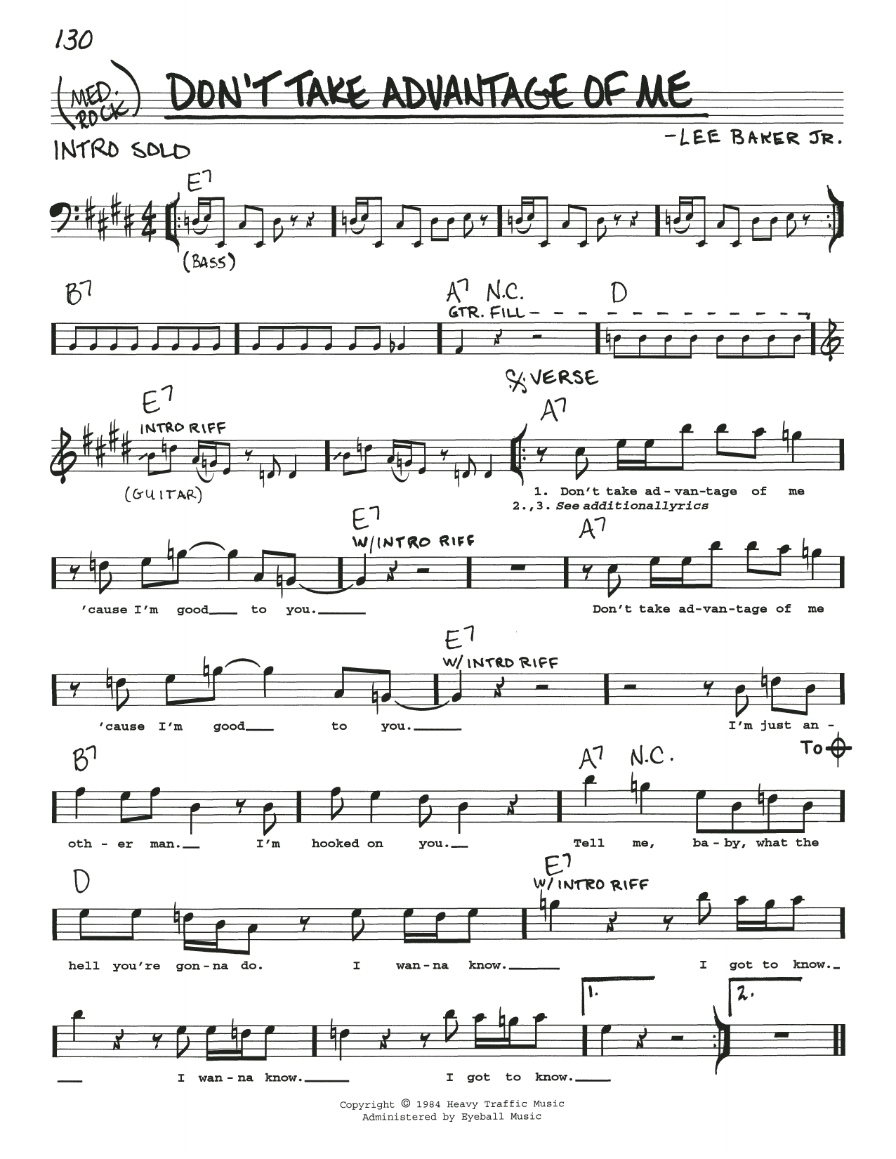 Johnny Winter Don't Take Advantage Of Me sheet music notes and chords arranged for Real Book – Melody, Lyrics & Chords