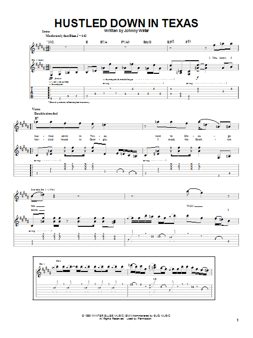 Johnny Winter Hustled Down In Texas sheet music notes and chords arranged for Guitar Tab