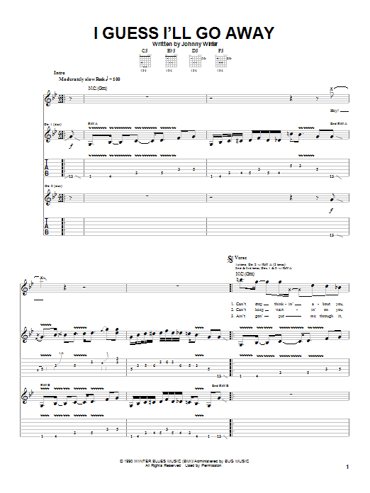 Johnny Winter I Guess I'll Go Away sheet music notes and chords arranged for Guitar Tab