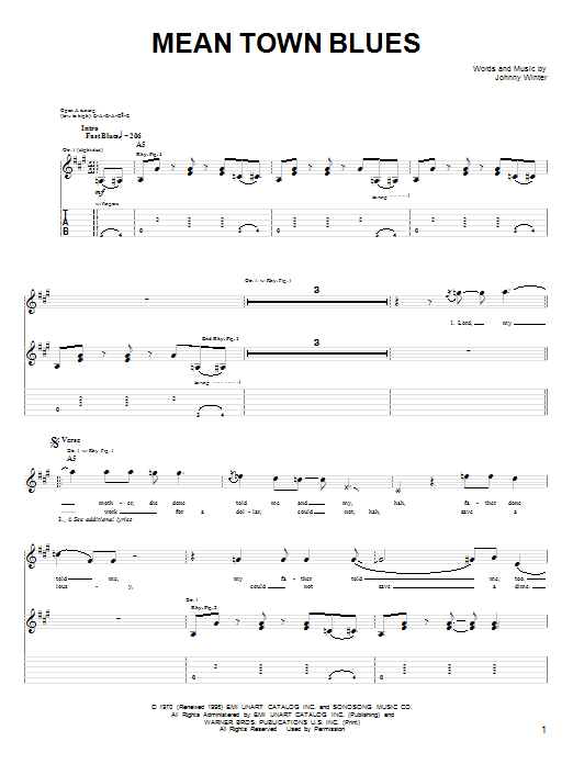 Johnny Winter Mean Town Blues sheet music notes and chords arranged for Guitar Tab