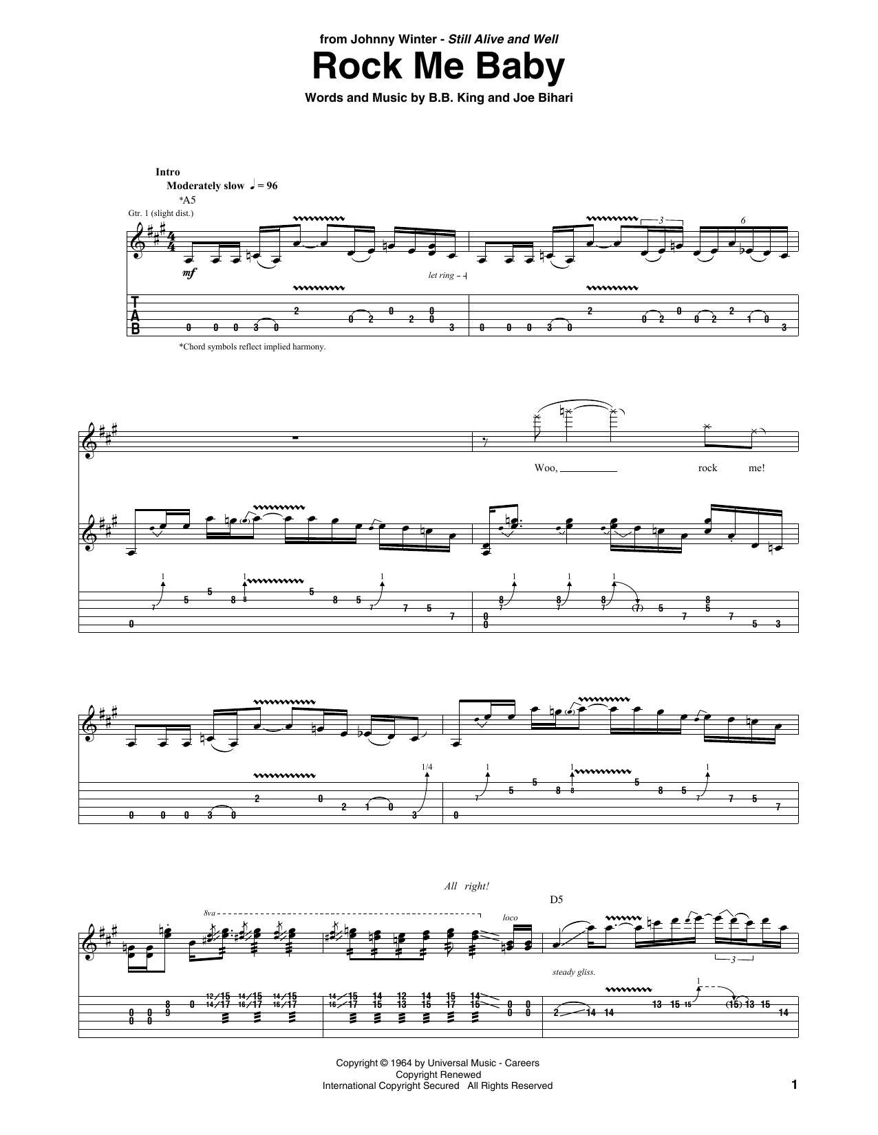 Johnny Winter Rock Me Baby sheet music notes and chords arranged for Guitar Tab