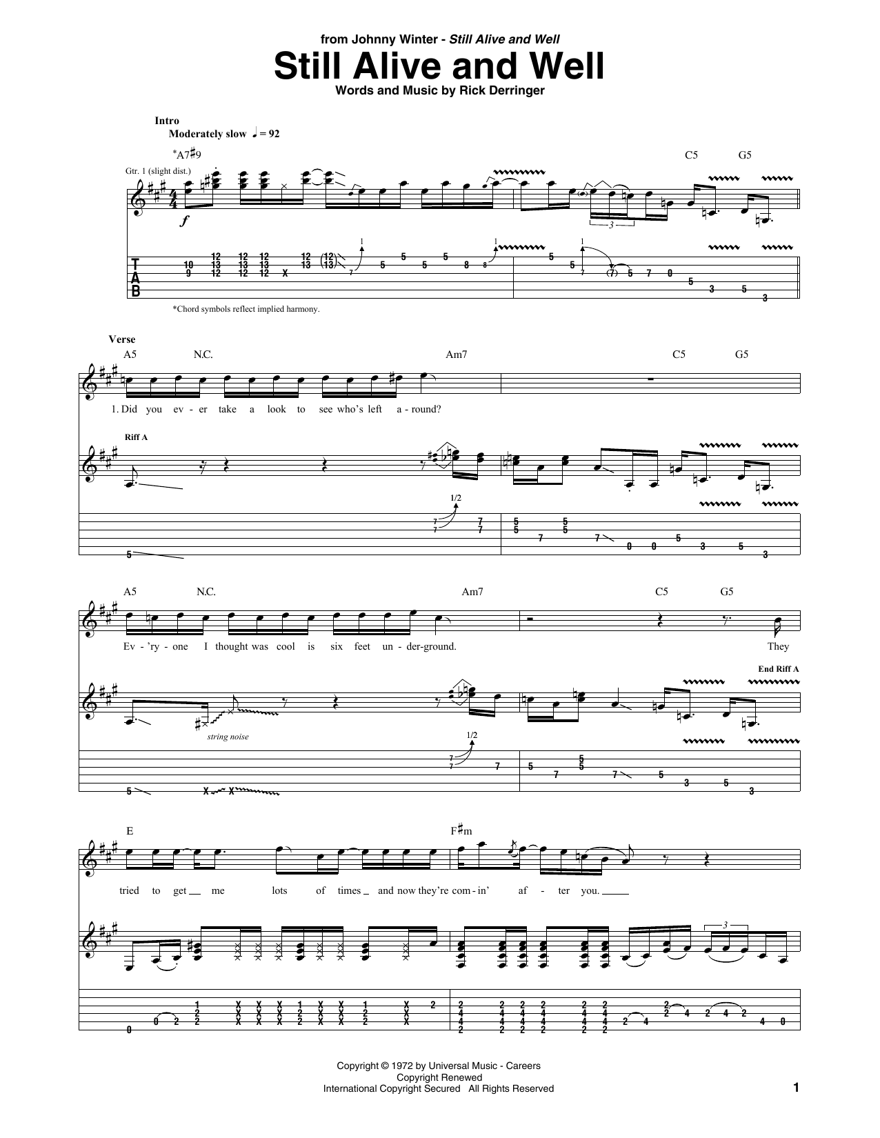 Johnny Winter Still Alive And Well sheet music notes and chords arranged for Guitar Tab (Single Guitar)