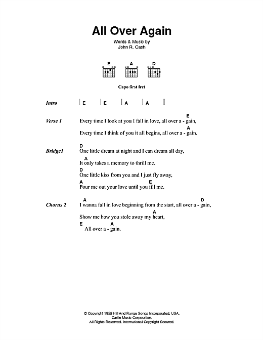 Johnny Cash All Over Again sheet music notes and chords arranged for Guitar Chords/Lyrics