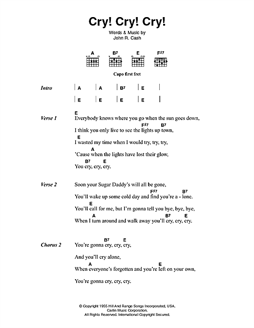Johnny Cash Cry! Cry! Cry! sheet music notes and chords arranged for Guitar Chords/Lyrics