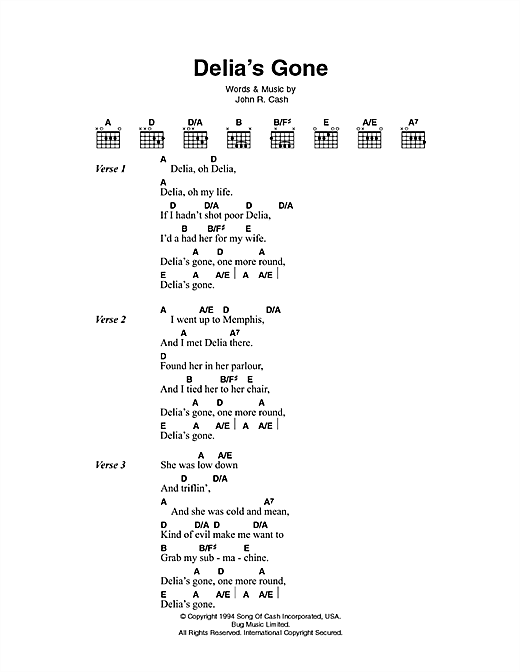 Johnny Cash Delia's Gone sheet music notes and chords arranged for Guitar Chords/Lyrics