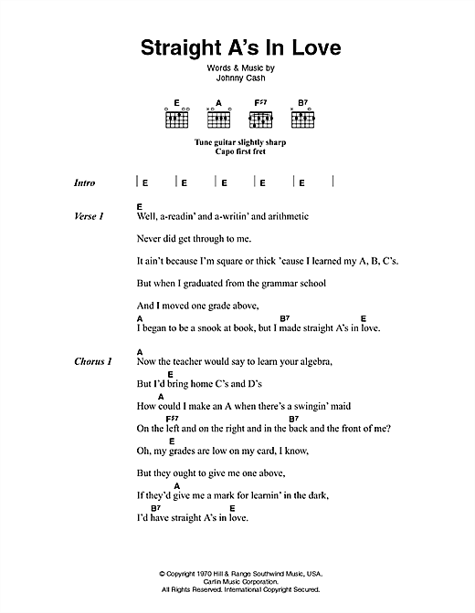 Johnny Cash Straight A's In Love sheet music notes and chords arranged for Guitar Chords/Lyrics