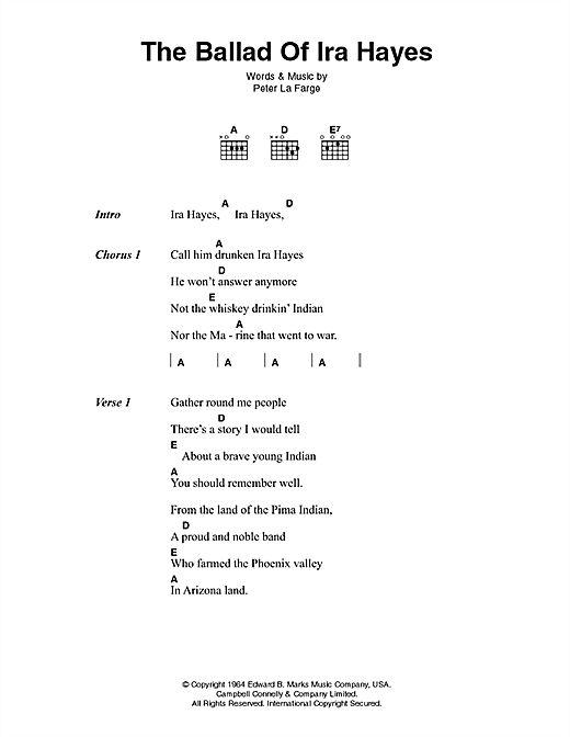 Johnny Cash The Ballad Of Ira Hayes sheet music notes and chords arranged for Guitar Chords/Lyrics