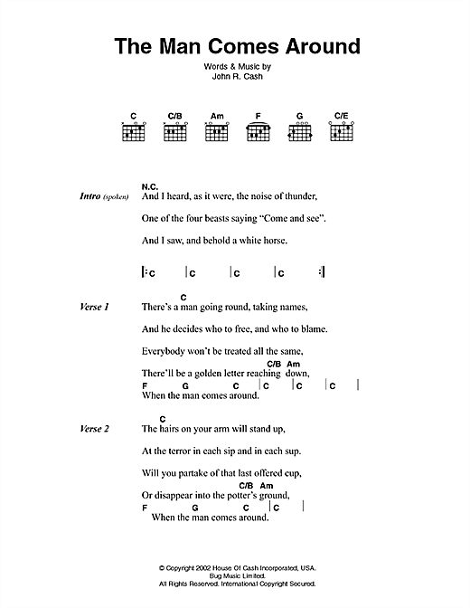 Johnny Cash The Man Comes Around sheet music notes and chords arranged for Guitar Chords/Lyrics