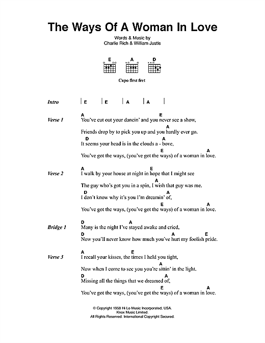 Johnny Cash The Ways Of A Woman In Love sheet music notes and chords arranged for Guitar Chords/Lyrics