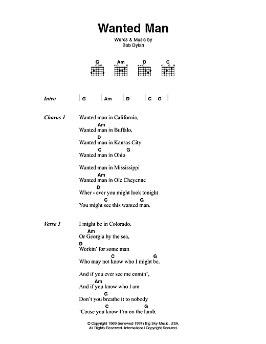 Johnny Cash Wanted Man sheet music notes and chords arranged for Guitar Chords/Lyrics