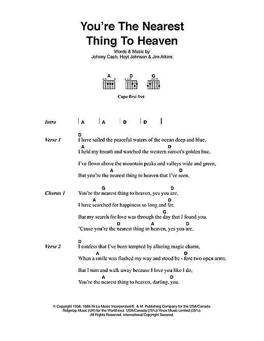 Johnny Cash You're The Nearest Thing To Heaven sheet music notes and chords arranged for Guitar Chords/Lyrics