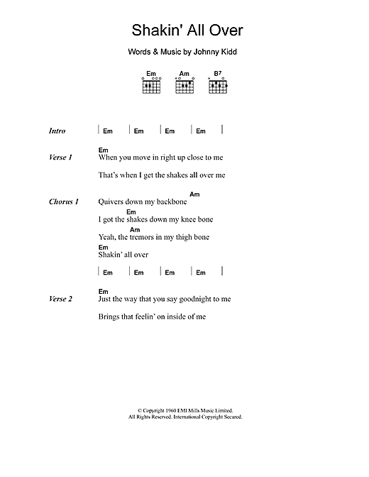 Johnny Kidd Shakin' All Over sheet music notes and chords arranged for Guitar Chords/Lyrics