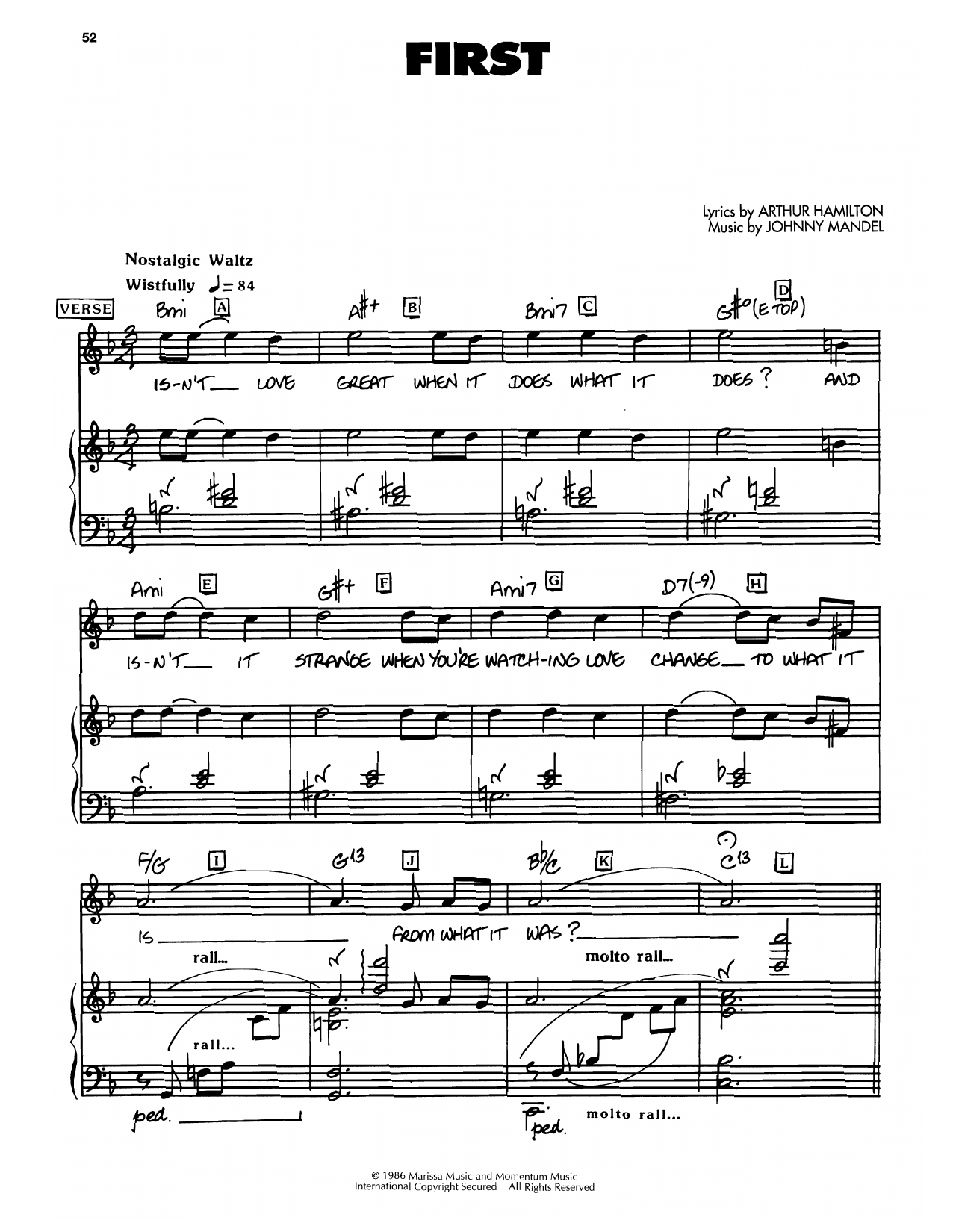 Johnny Mandel First sheet music notes and chords arranged for Piano, Vocal & Guitar Chords (Right-Hand Melody)